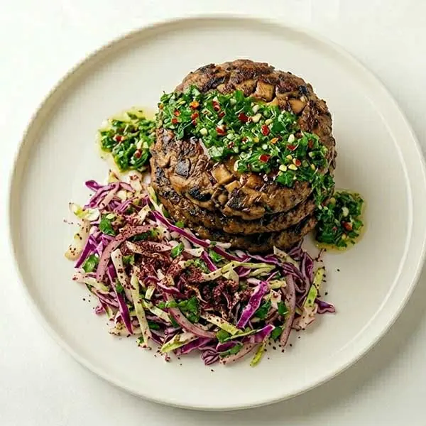 Portobello Mix Mushroom Patties with Herb Chimichurri & Sumac Cabbage